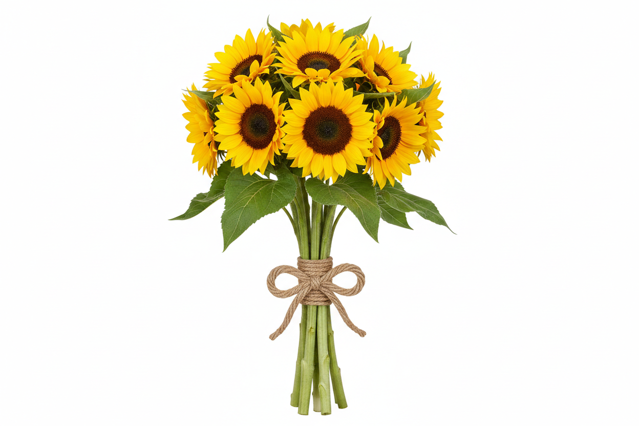 10 stems of yellow sunflowers tied together with a light brown string